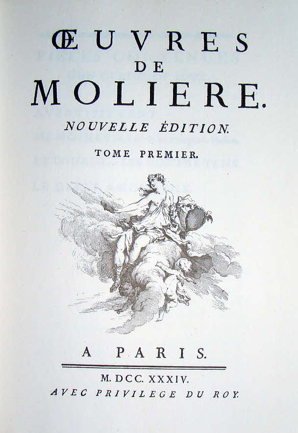 Molire (eigentlich Jean-Baptiste Poquelin; * vermutlich 14. Januar 1622 in Paris, getauft am 15. Januar 1622;  17. Februar 1673 ebenda) war ein franzsischer Schauspieler, Theaterdirektor und Dramatiker.

Er ist einer der groen Klassiker und machte die Komdie zu einer der Tragdie potenziell gleichwertigen Gattung. Vor allem erhob er das Theater seiner Zeit zum Diskussionsforum ber allgemeine menschliche Verhaltensweisen in der Gesellschaft.

Neun Bcher in Leder gebunden und auf Pergament gedruckt - Herausgeber Michel de L'Ormeraie, Paris 1972   27 x 20 x 4 cm    -  89 € mtl./K 950 €
