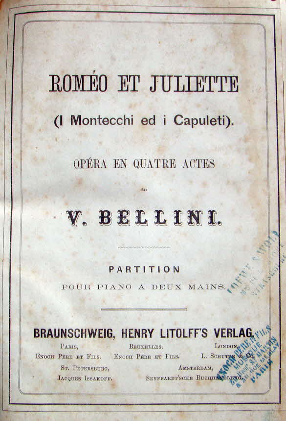 Vincenzo Salvatore Carmelo Francesco Bellini (* 3. November 1801 in Catania, Sizilien;  23. September 1835 in Puteaux bei Paris) war ein italienischer Opernkomponist.

1830 komponierte er Capuleti e i Montecchi, Tragedia lirica (Libretto von Felice Romani nach italienischen Quellen; nicht nach Shakespeares Romeo und Julia) in Venedig - 39 € mtl./K 350 €