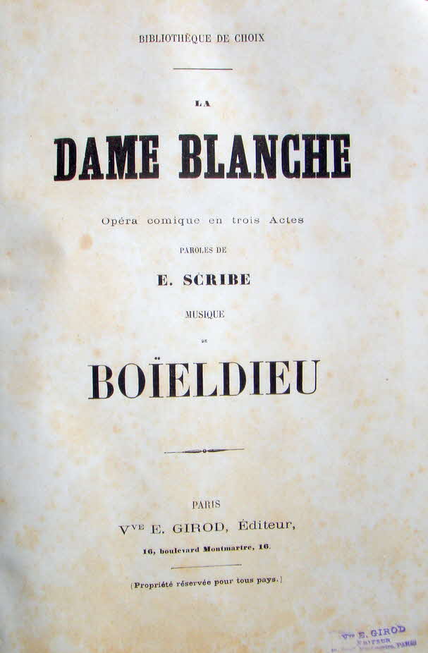 Franois-Adrien Boieldieu (* 16. Dezember 1775 in Rouen (Normandie);  8. Oktober 1834 auf seinem Landsitz Jarcy bei Paris) war ein franzsischer Opernkomponist.
La dame blanche (Die weie Dame), Opra comique, 3 Akte, Libretto Eugne Scribe, nach Sir Walter Scotts "Georg Mannering", Erstauffhrung 10. Dezember 1825, Paris, Opra-Comique - 39 € mtl./K 350 €