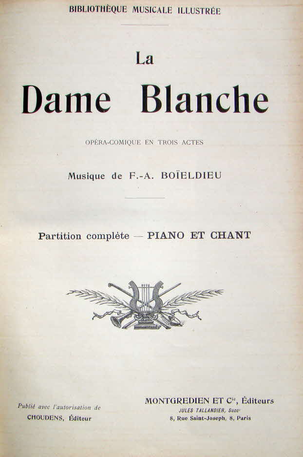 Franois-Adrien Boieldieu (* 16. Dezember 1775 in Rouen (Normandie);  8. Oktober 1834 auf seinem Landsitz Jarcy bei Paris) war ein franzsischer Opernkomponist.
La dame blanche (Die weie Dame), Opra comique, 3 Akte, Libretto Eugne Scribe, nach Sir Walter Scotts "Georg Mannering", Erstauffhrung 10. Dezember 1825, Paris, Opra-Comique - 39 € mtl./K 350 €