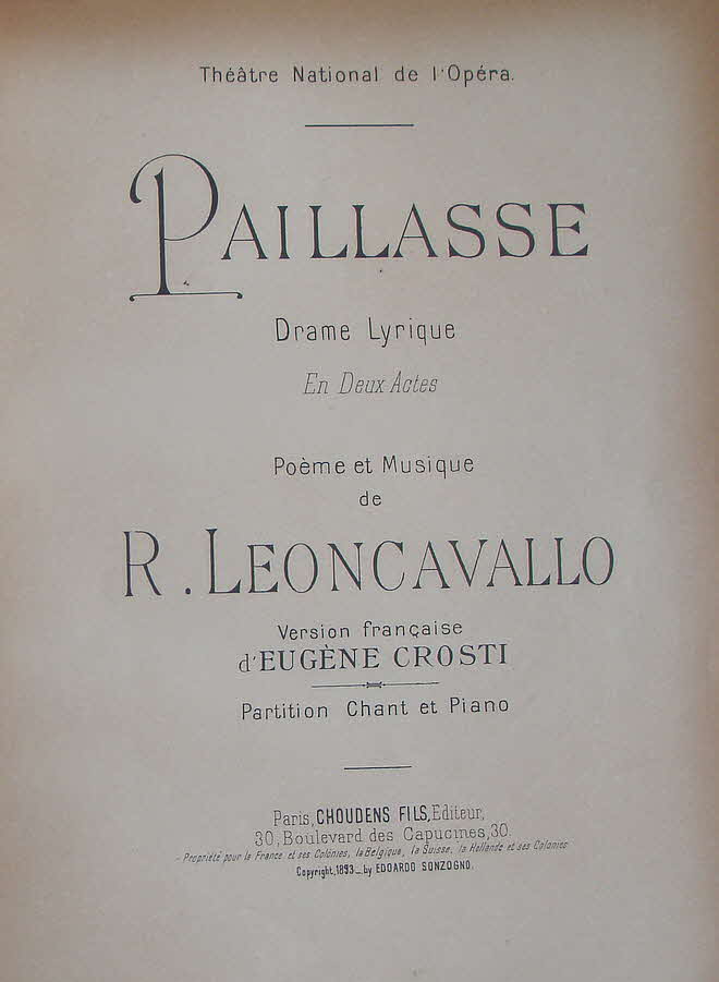 Ruggero Leoncavallo (* 23. April 1857 in Neapel;  9. August 1919 in Montecatini Terme) war ein italienischer Komponist und Librettist. Er wurde weltbekannt durch seine Oper Pagliacci (Der Bajazzo).

Pagliacci (Die Bajazzos/Clowns) ist eine veristische Oper in zwei Akten und einem Prolog von Ruggero Leoncavallo, der auch das Libretto verfasste. Die Urauffhrung fand 1892 im Teatro Dal Verme in Mailand unter Arturo Toscanini statt  - 39 € mtl./K 350 €