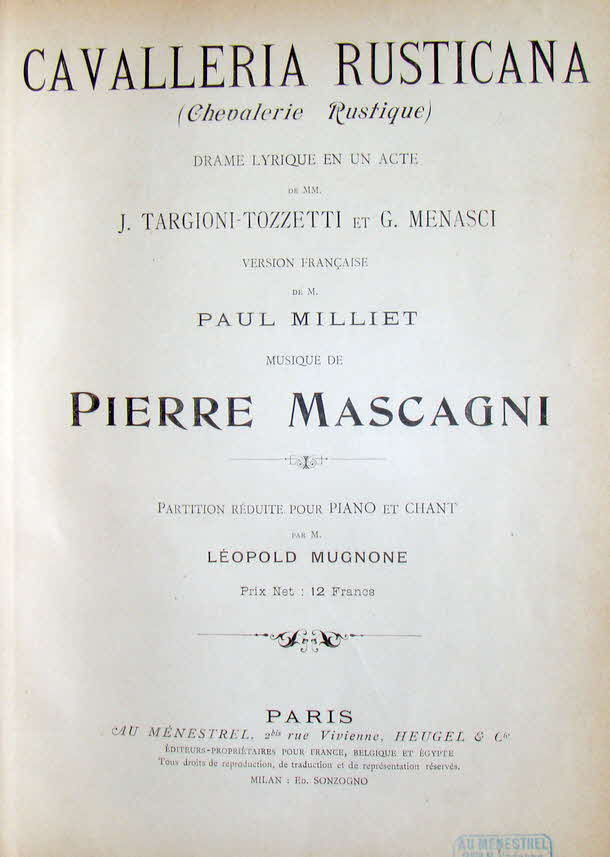 Pietro Mascagni (* 7. Dezember 1863 in Livorno;  2. August 1945 in Rom) war ein italienischer Komponist, der mit seinen Opern neben Ruggiero Leoncavallo und Giacomo Puccini einer der wichtigsten Vertreter des Verismo war.

Cavalleria rusticana (Sizilianische Bauernehre) ist eine Oper in einem Akt von Pietro Mascagni.Urauffhrung Rom 17. Mai 1890. Als literarische Vorlage diente ihm die gleichnamige Erzhlung von Giovanni Verga aus der Novellensammlung Sizilianische Novellen. Das Libretto stammt von Giovanni Verga, Giovanni Targioni-Tozzetti und Guido Menasci. Die Urauffhrung fand am 17. Mai 1890 im Teatro dellOpera di Roma (damals Teatro Costanzi) in Rom statt. Die Spieldauer der Oper betrgt etwa 70 Minuten. Die Oper spielt in einem sizilianischen Dorf am Ostermorgen  - 39 € mtl./K 350 €
