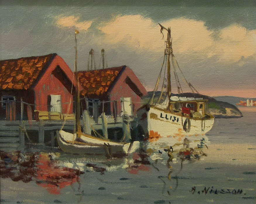 Andres Nilsson - Dnisches Kstendorf mit Fischerbooten am Steg um 1950 - 22 x27 cm  - 39 € mtl./K 450 €