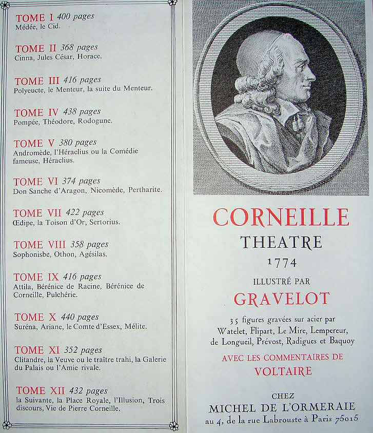 Pierre Corneille (* 6. Juni 1606 in Rouen;  1. Oktober 1684 in Paris) war ein franzsischer Autor, der vor allem als Dramatiker aktiv war. Im europischen Mastab gesehen gehrt er mit seinem gesamten Schaffen dem Zeitalter des Barock an. Er gilt neben Molire und Jean Racine als einer der groen Theaterautoren der franzsischen Klassik.

Zwlf Bcher in Leder gebunden und auf Pergament gedruckt - Herausgeber Michel de L'Ormeraie, Paris 1972
27 x 20 x 4 cm   -  89 € mtl./K 950 €