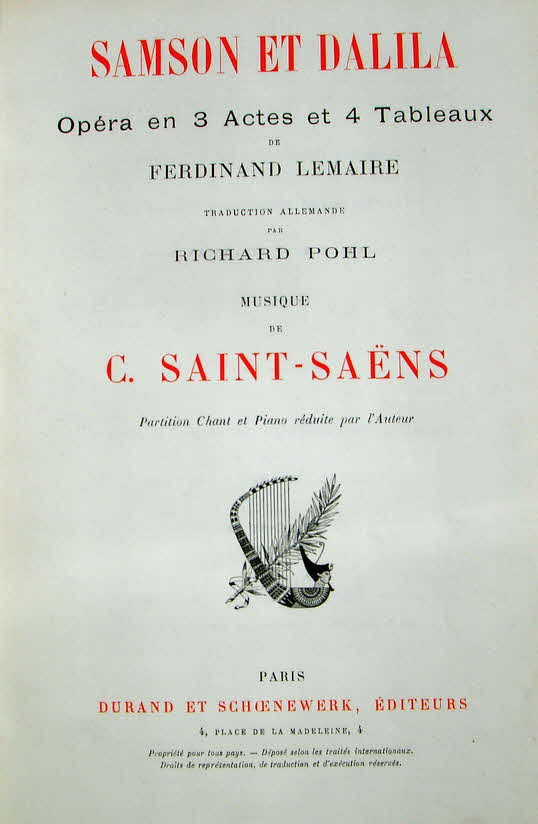 Charles Camille Saint-Sans (* 9. Oktober 1835 in Paris;  16. Dezember 1921 in Algier) war ein franzsischer Pianist, Organist, Musikwissenschaftler, Musikpdagoge und Komponist der Romantik.

Samson et Dalila ist eine zwischen 1868 und 1877 entstandene Oper in drei Akten von Camille Saint-Sans (Op. 47) auf ein Libretto von Ferdinand Lemaire. Die Handlung basiert auf dem biblischen Buch der Richter und ist zwischen 1100 und 1000 v. Chr. anzusetzen. Samson et Dalila ist die einzige der 13 Opern von Saint-Sans, die sich auf der Bhne durchsetzen konnte. Trotz der erfolgreichen Urauffhrung in deutscher Sprache unter der Leitung von Eduard Lassen und dem knstlerischen Direktor Franz Liszt am Weimarer Hoftheater im Dezember 1877 dauerte es bis 1890, bevor die Oper in Frankreich aufgefhrt wurde  - 39 € mtl./K 350 €