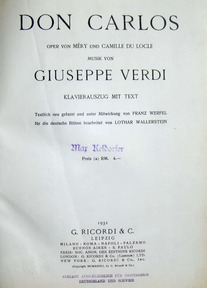 Giuseppe Fortunino Francesco Verdi (* 10. Oktober 1813 in Le Roncole, Herzogtum Parma;  27. Januar 1901 in Mailand) war ein italienischer Komponist der Romantik.

Don Carlos - Libretto Joseph Mry und Camille du Locle	Erstauffhrung 11. Mrz 1867 Opra de Paris in der franzsischen Fassung in fnf Akten
Don Carlos - Libretto Achille de Lauzires und Angelo Zanardini	Erstauffhrung 10. Januar 1884	Teatro alla Scala, Mailand in der italienischen Fassung in vier Akten - 39 € mtl./K 350 €